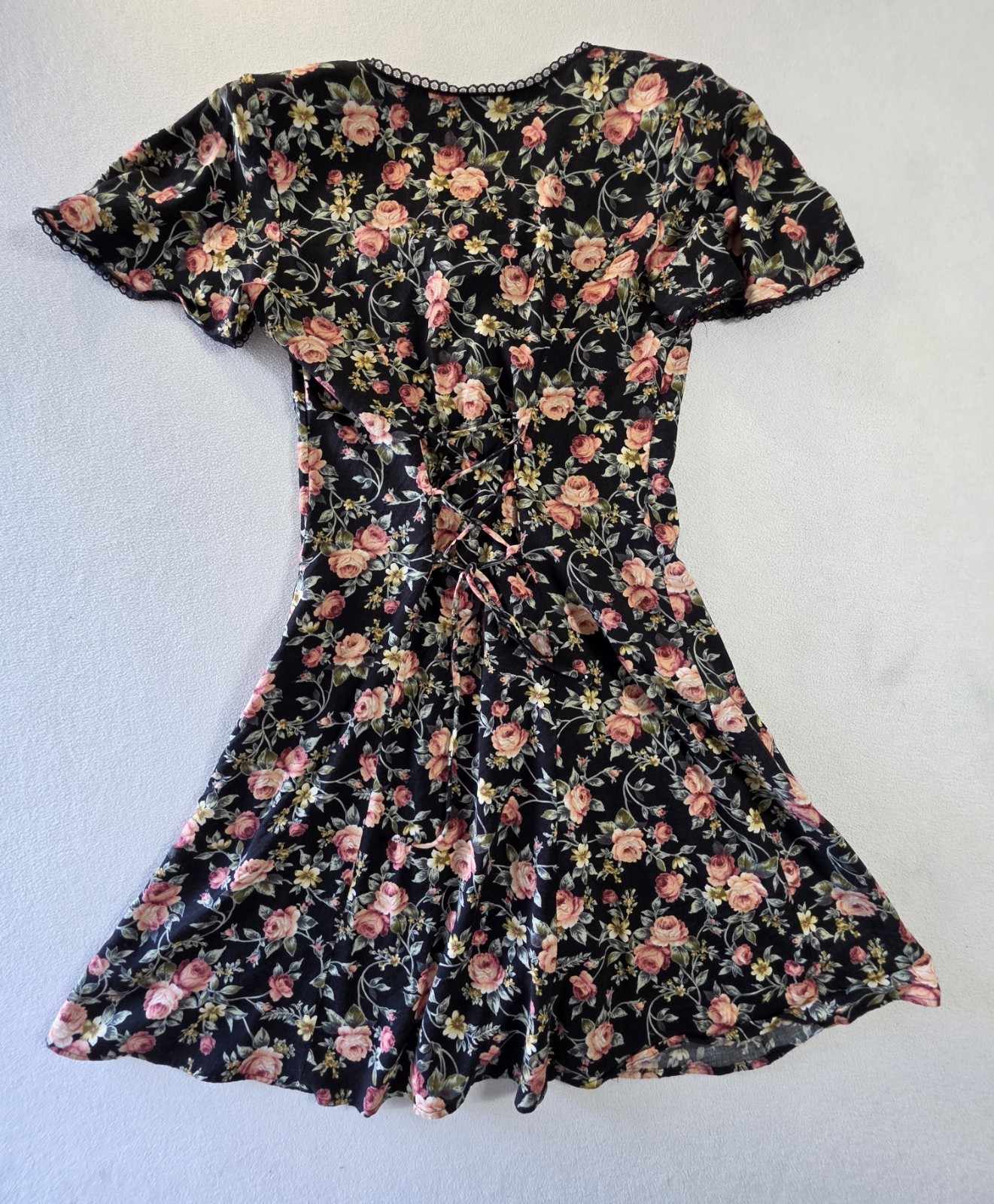 Size XS- Vintage 90s By Choice California Floral Rayon Dress Black Rose Mini