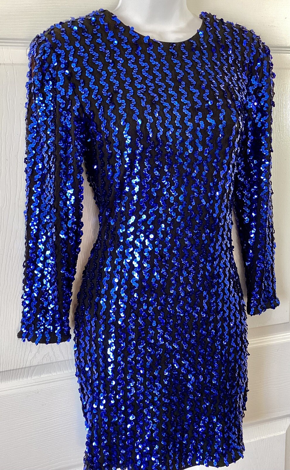 Vintage 90s Karen Okada Climax Blue Sequin Lace Long Sleeve Mini Dress~5/6