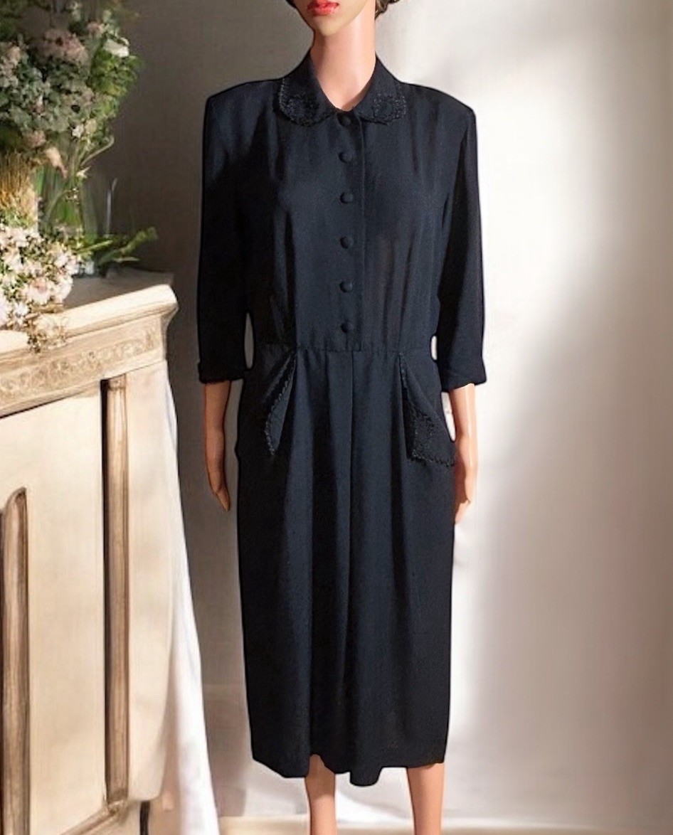 Vtg 40s Black Rayon Crepe Shirtwaist Day Dress Soutache Metal Zip Noir Pinup 30W