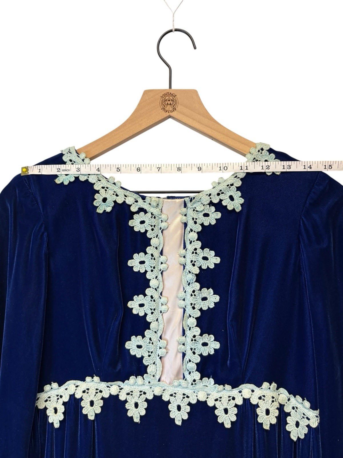 Vintage 70s Victorian Prairie Revival Sapphire Blue Velvet Long Sleeve Maxi 10