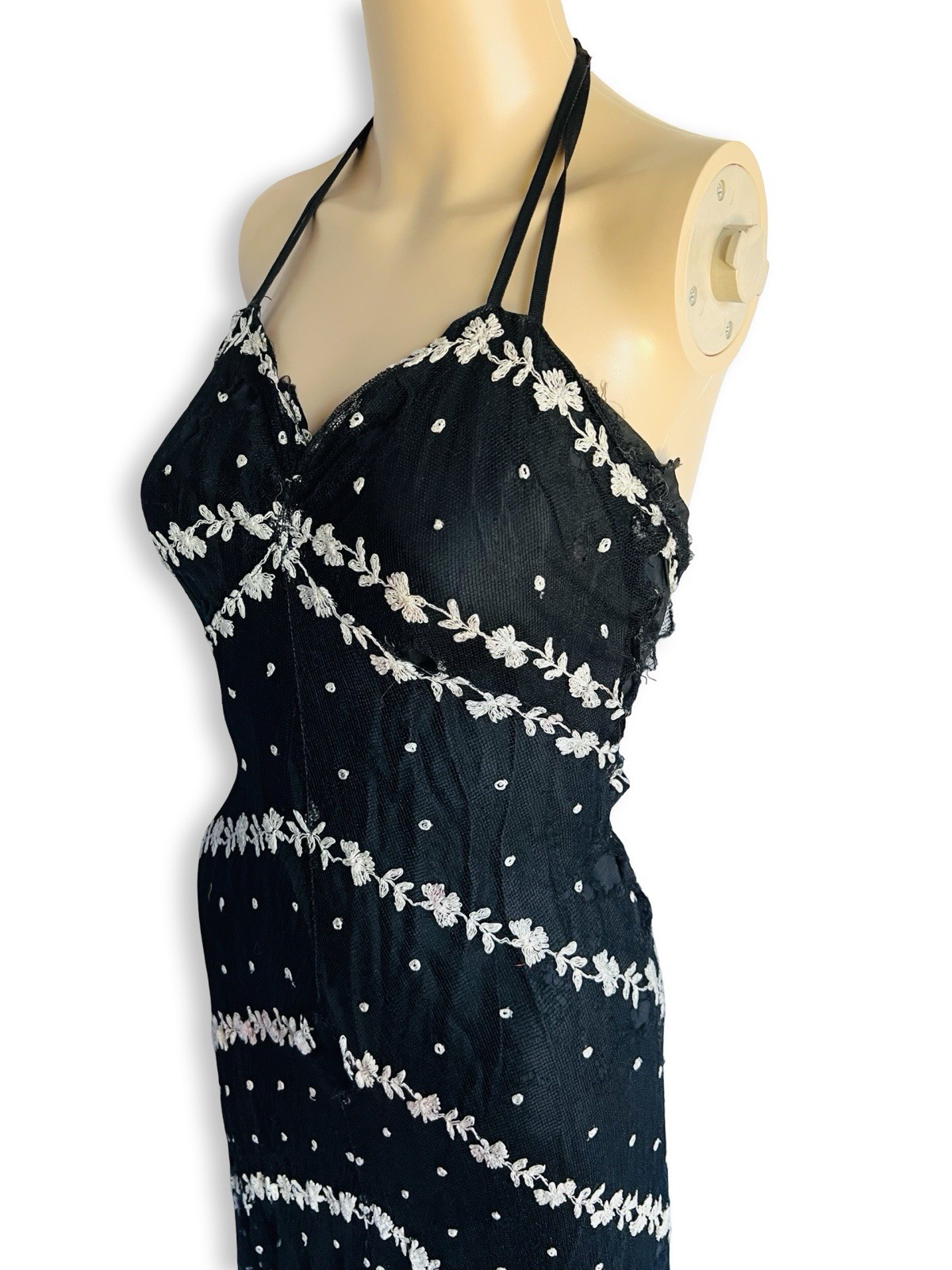 Vintage 1930s Black Mesh White Eyelet Lace Bias Cut Gown Dress Small XS As Is
