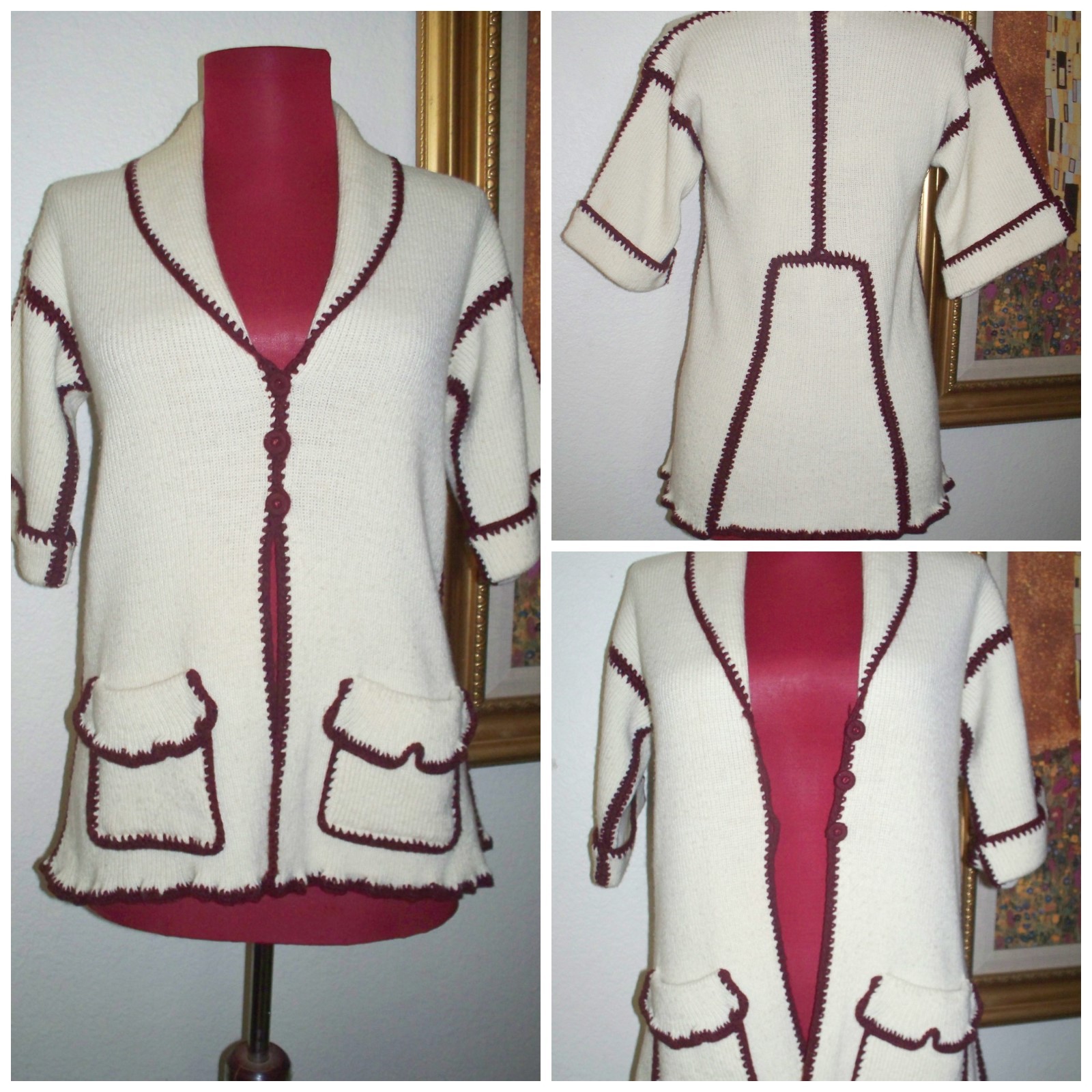 Vintage Hippie Bohemian Knit Burgundy & Off White 2 Tone Women’s Sweater sz L
