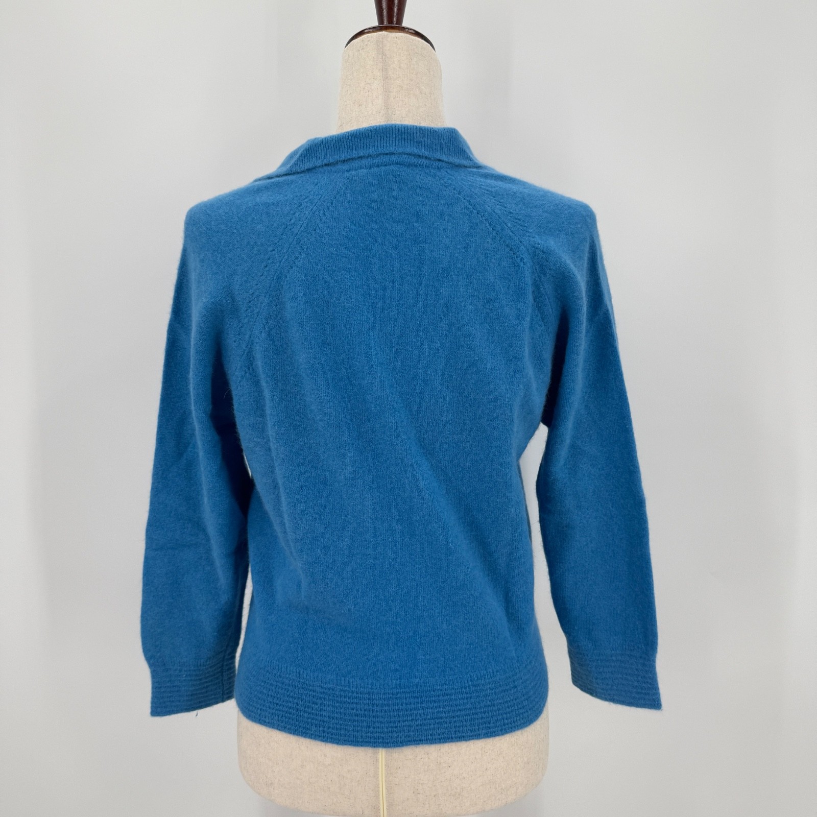 Vintage 60s 70s Loubella Knits Blue Pointelle Lambswool Fur Knit Sweater Collar