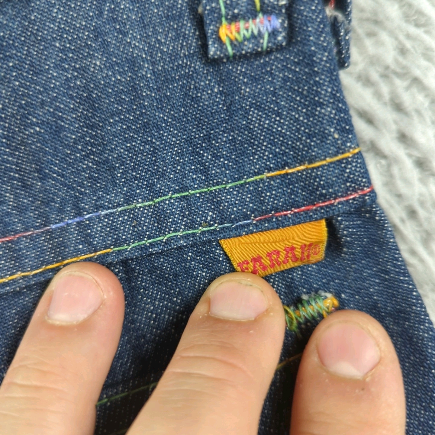 Vintage 1970s Farah Jeans Womens 31 XL Blue Flare Bell Bottoms Rainbow Stitch