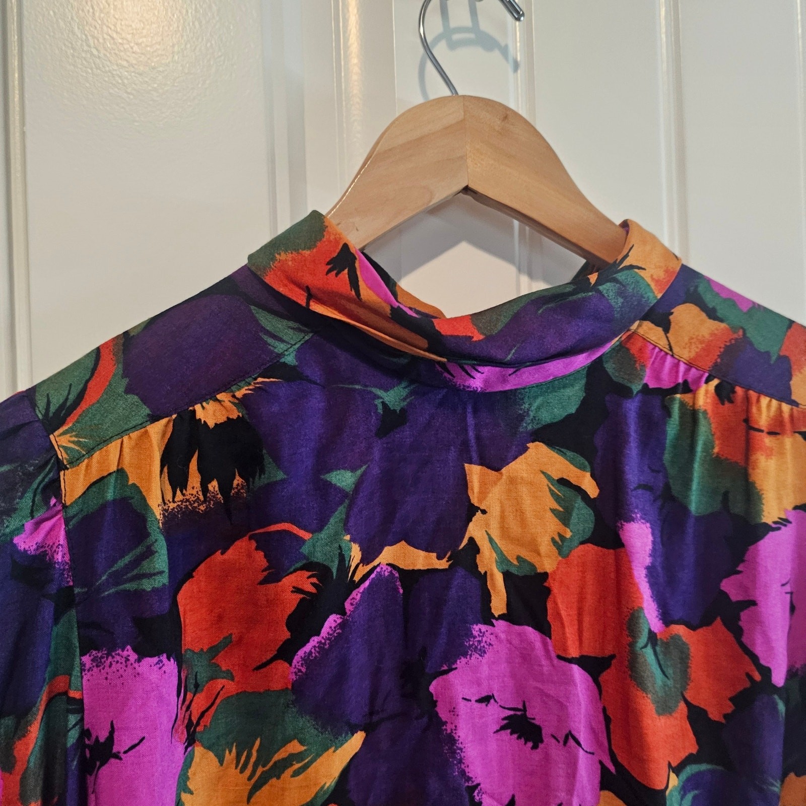 Vintage 80s Floral Blouse Women Large Purple Glam Career Mock Neck Boho Retro