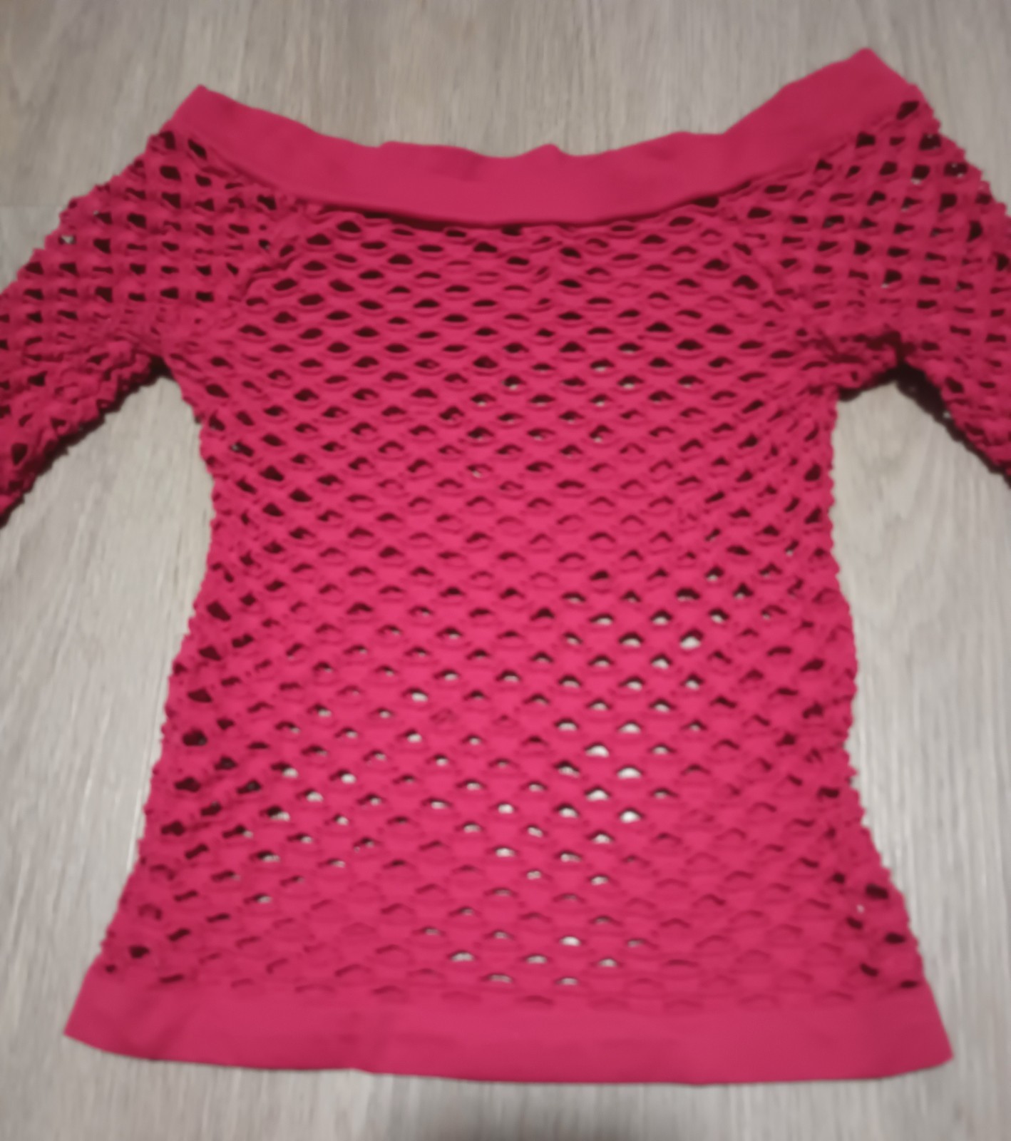 Vtg 80s Stretchy Mesh Fishnet Shredded Look Off Shoulder Red Top glam rock XS