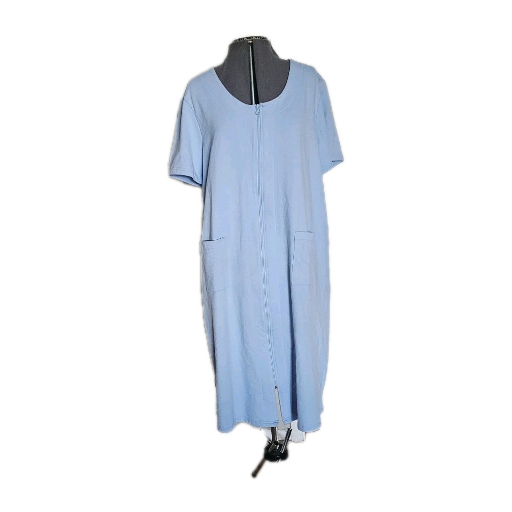 Blair Night Robe Large Blue Zipper Short Sleeve Pockets Vtg