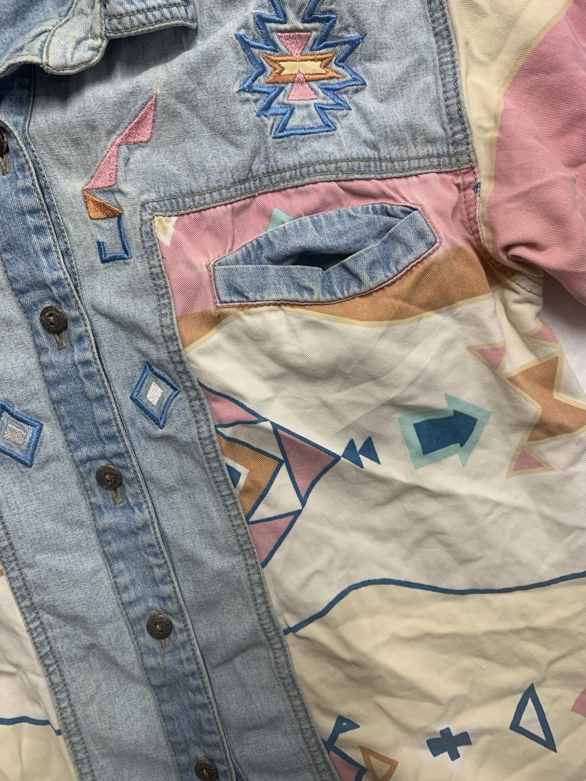 Vintage 90s INFO USA Denim Southwestern Aztec Patchwork Shirt Womens M Western