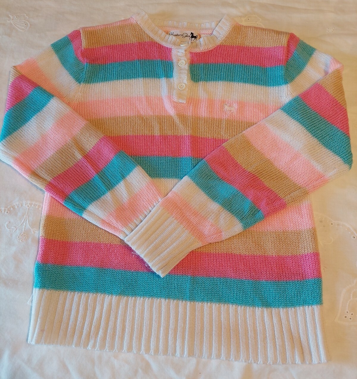 Vintage 80s Hunter’s Glen Bust 36 In Pink Stripes Crew Neck Sweater Pastels Prop