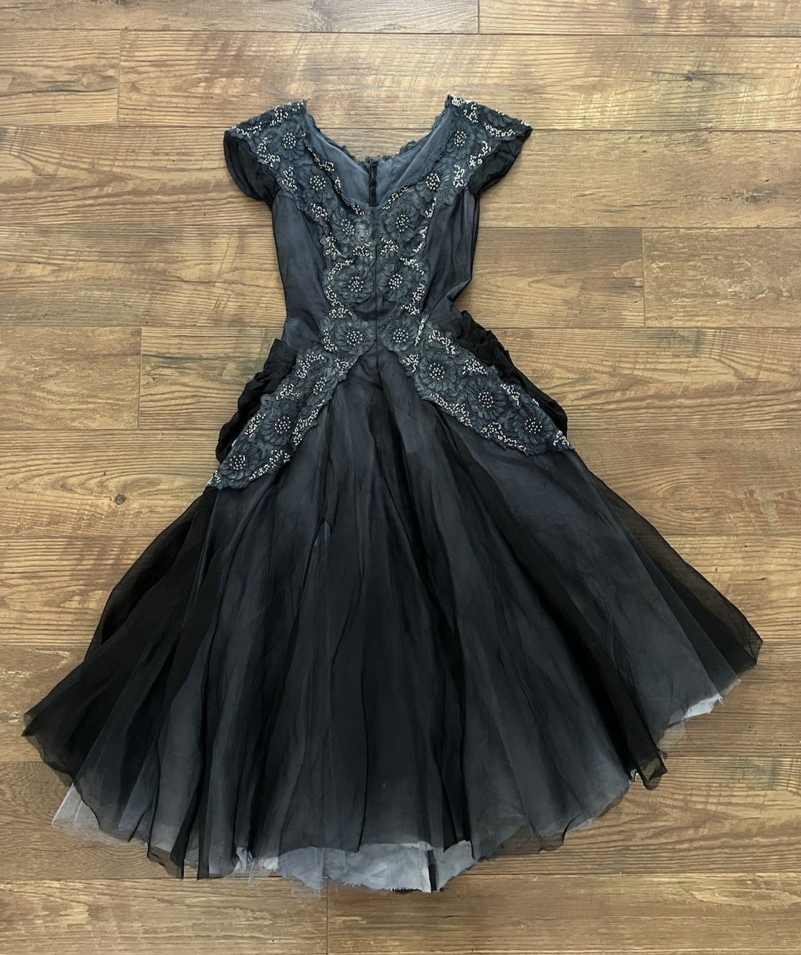 VTG 1950’s Fit and Flare Party Dress XS Dark Blue Black Beaded Lace Bow Custom
