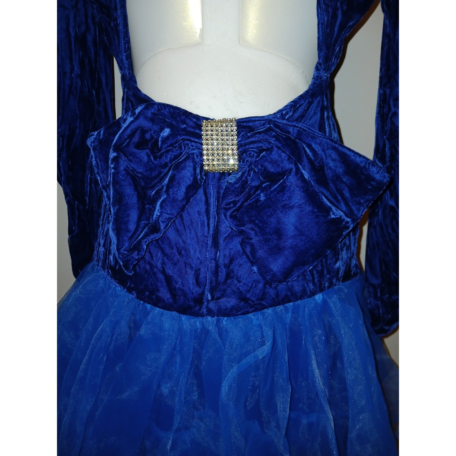 Vintage 1980s Blue Velvet Bodice Party Dance Dress Tiered Tulle Skirt Rhinestone