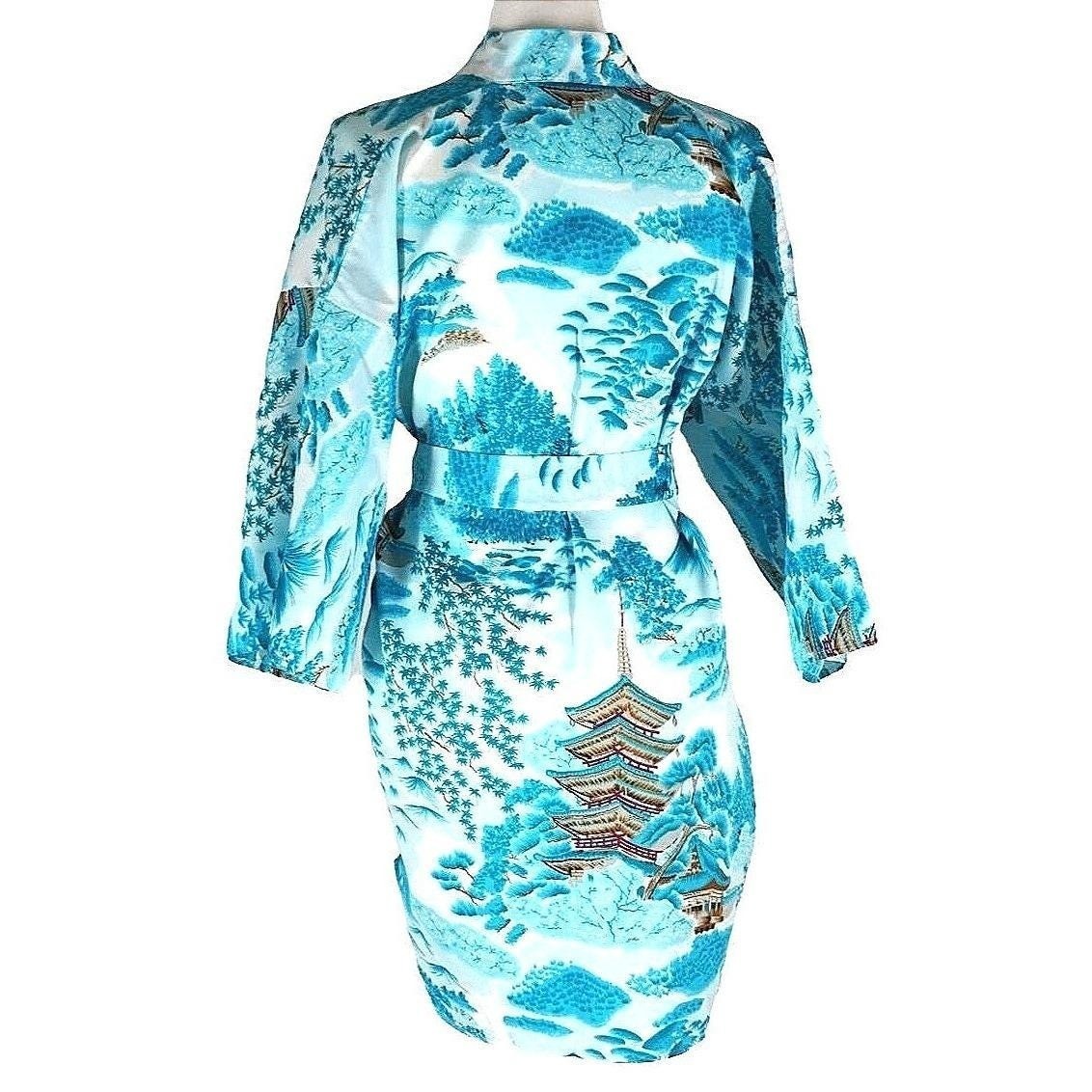 Vintage Japanese Kimono Robe Women Medium Turquoise White Landscape Made Japan