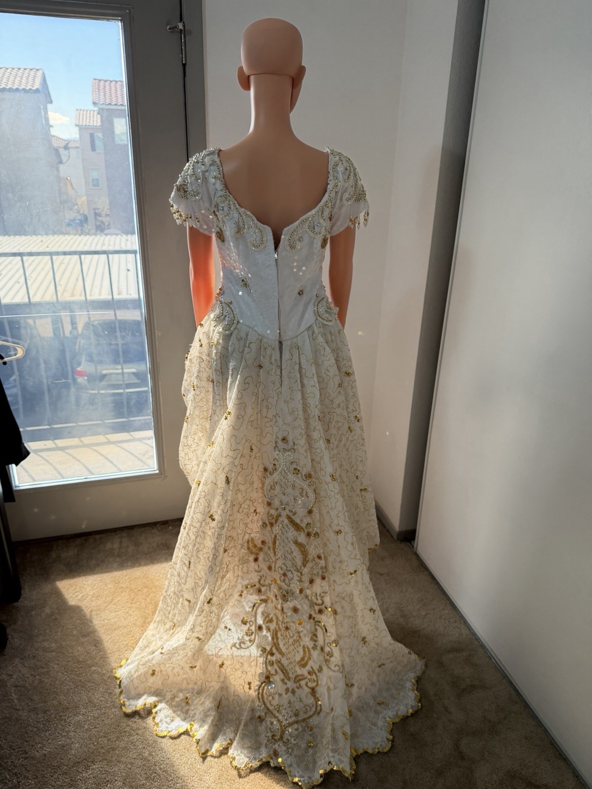 Vintage Ivory Gold Beaded Dress XS Formal Handmade Embellished Gow