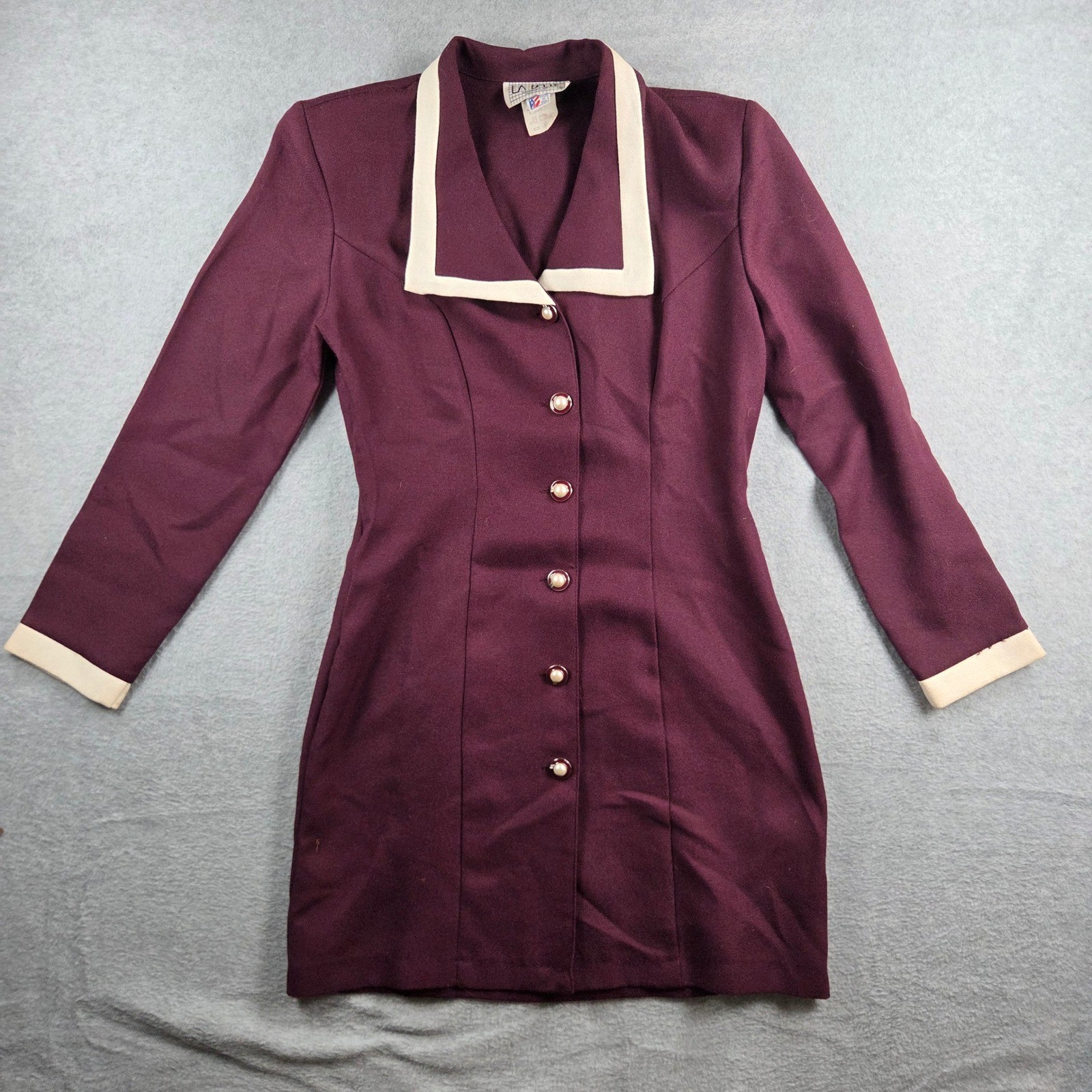 La Belle Fashions Mini Dress Womens 9 Burgundy Vintage 90s Button Front Pearl
