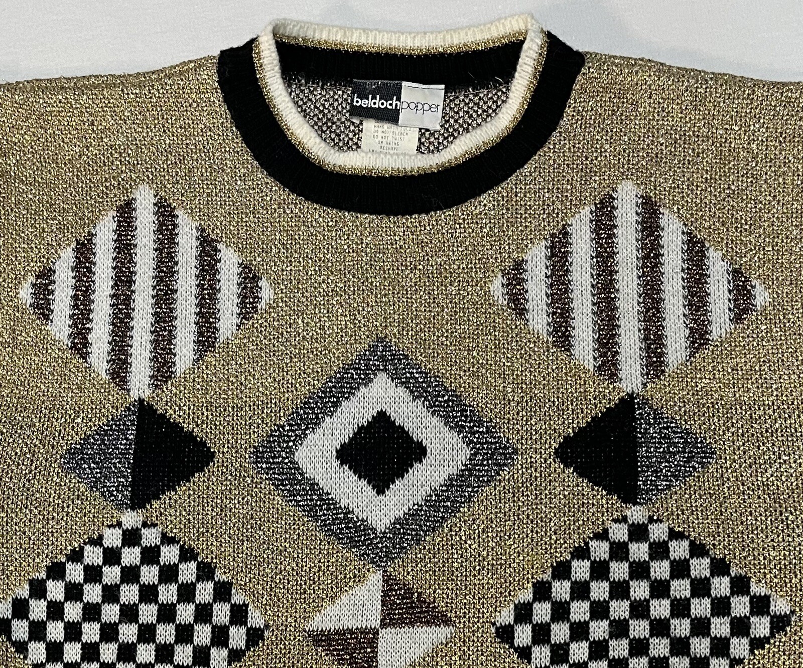 Vintage 80’s Beldoch Popper Sweater Gold Geometric Made USA Sz S Chest 38” EUC
