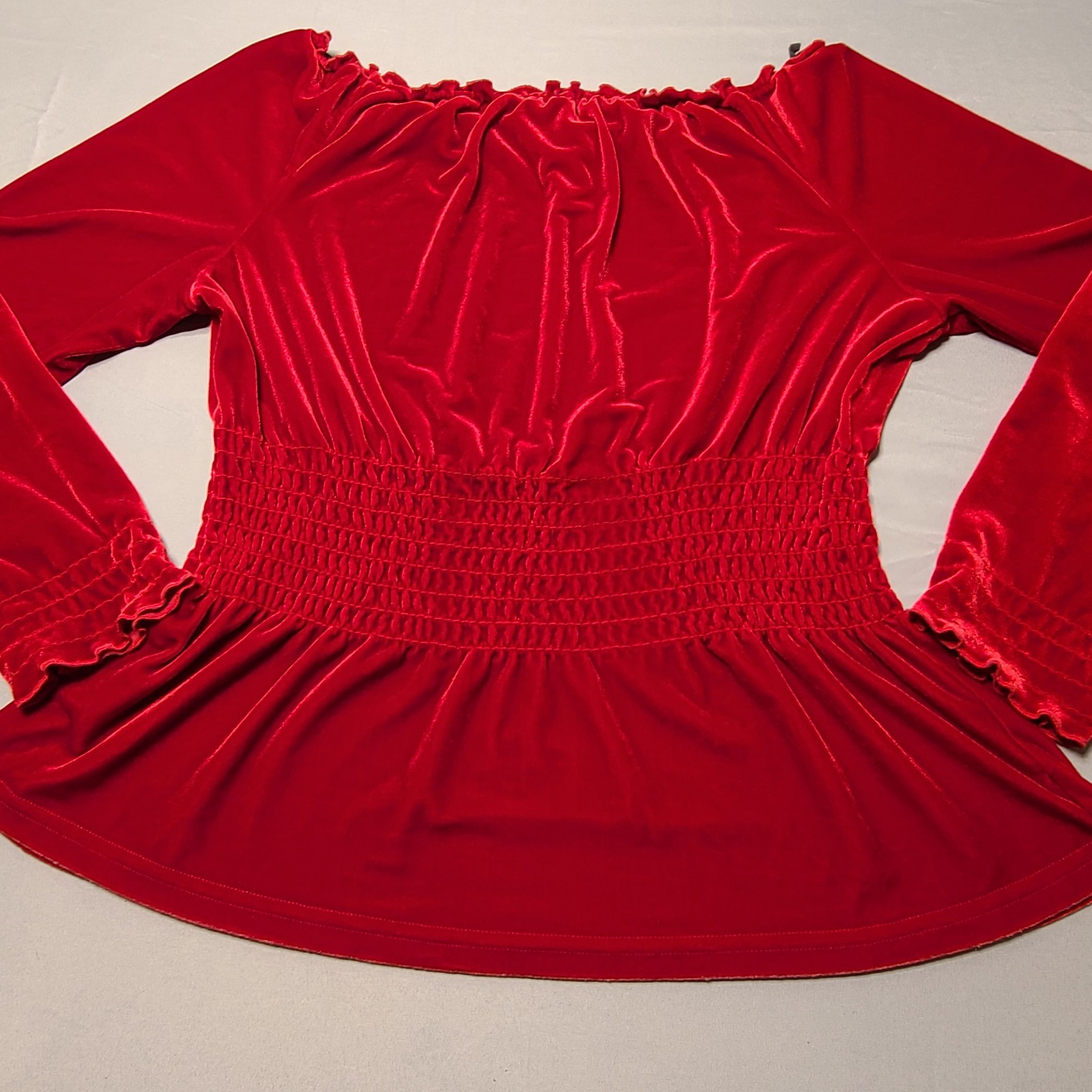 Vintage Jonden Red Velvet Blouse M Square Neck Long Sleeve Smocked Cuffs 90’s