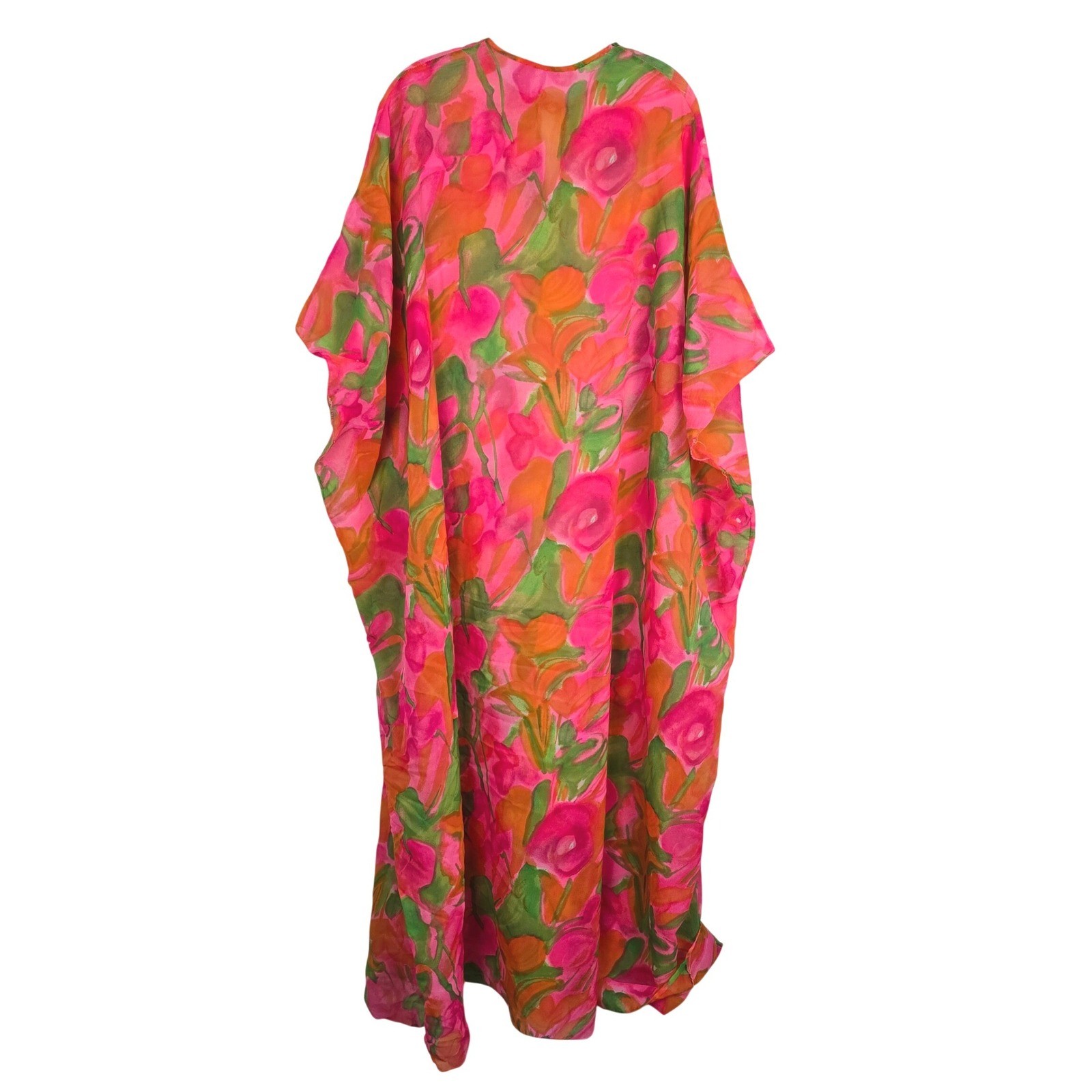 VTG 70s Georgie Keyloun Floral Caftan Dress Sheer Neon Pink Orange ILGWU READ