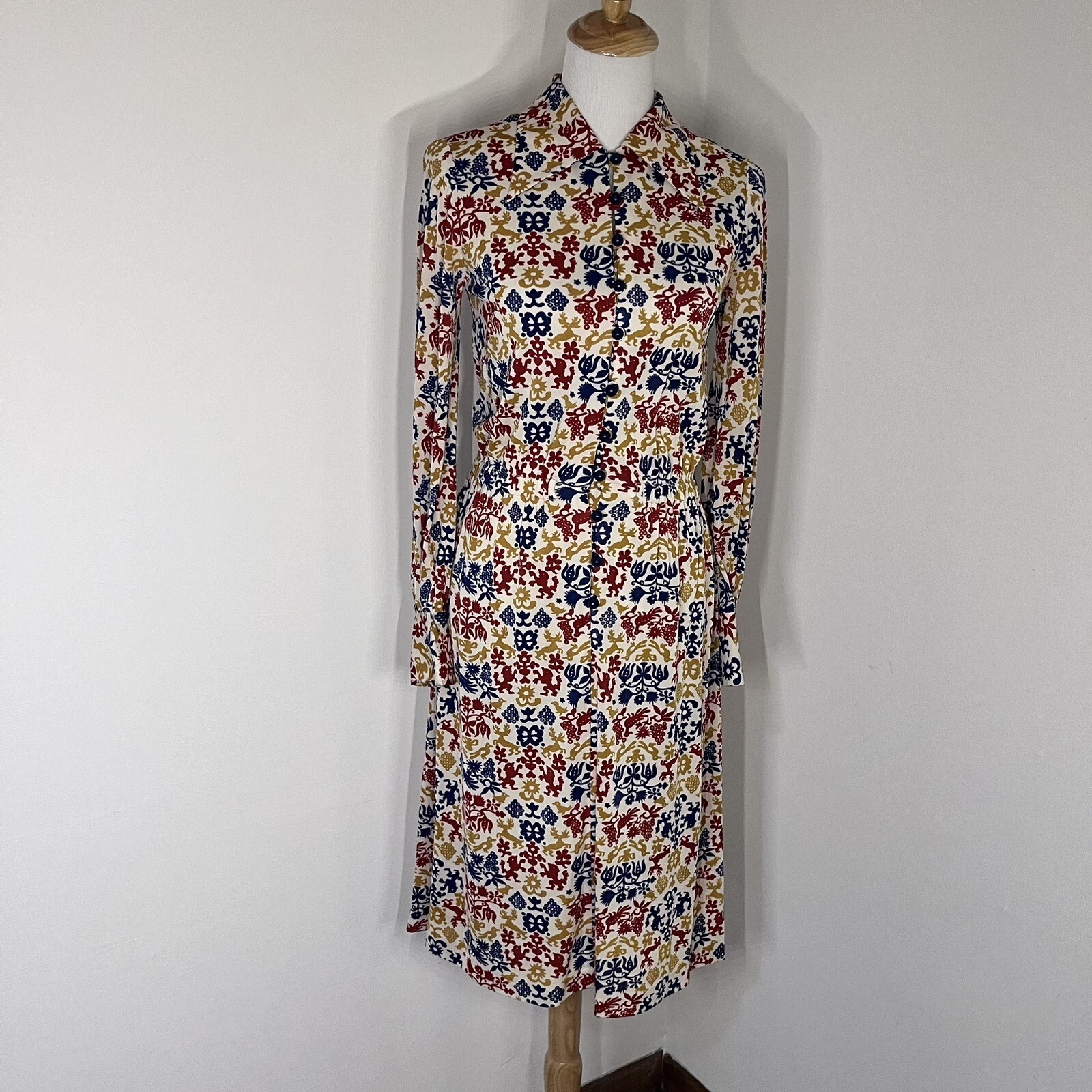 Vintage Homemade Modest Boho Peasant Dress Patterned Long Sleeve 70s