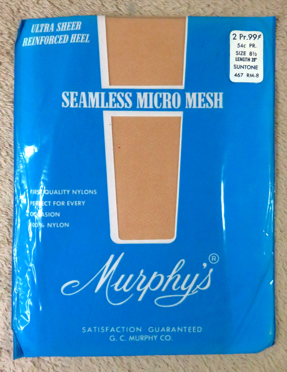 1 Pair – Vintage Murphy’s Seamless Micro Mesh Stockings 29″ SUNTONE / Sz. 8 1/2