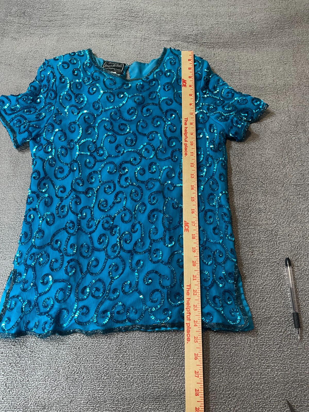 Jean for Joseph Le Bon Blouse Womens Size 6 Petite 6 P Blue Beaded Swirl Pattern