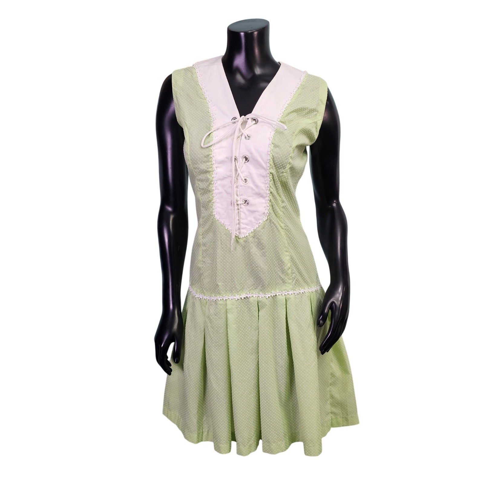 Vintage Dixie Deb Dress Green White Polka Dot Lace Up Drop Waist Pleated Retro