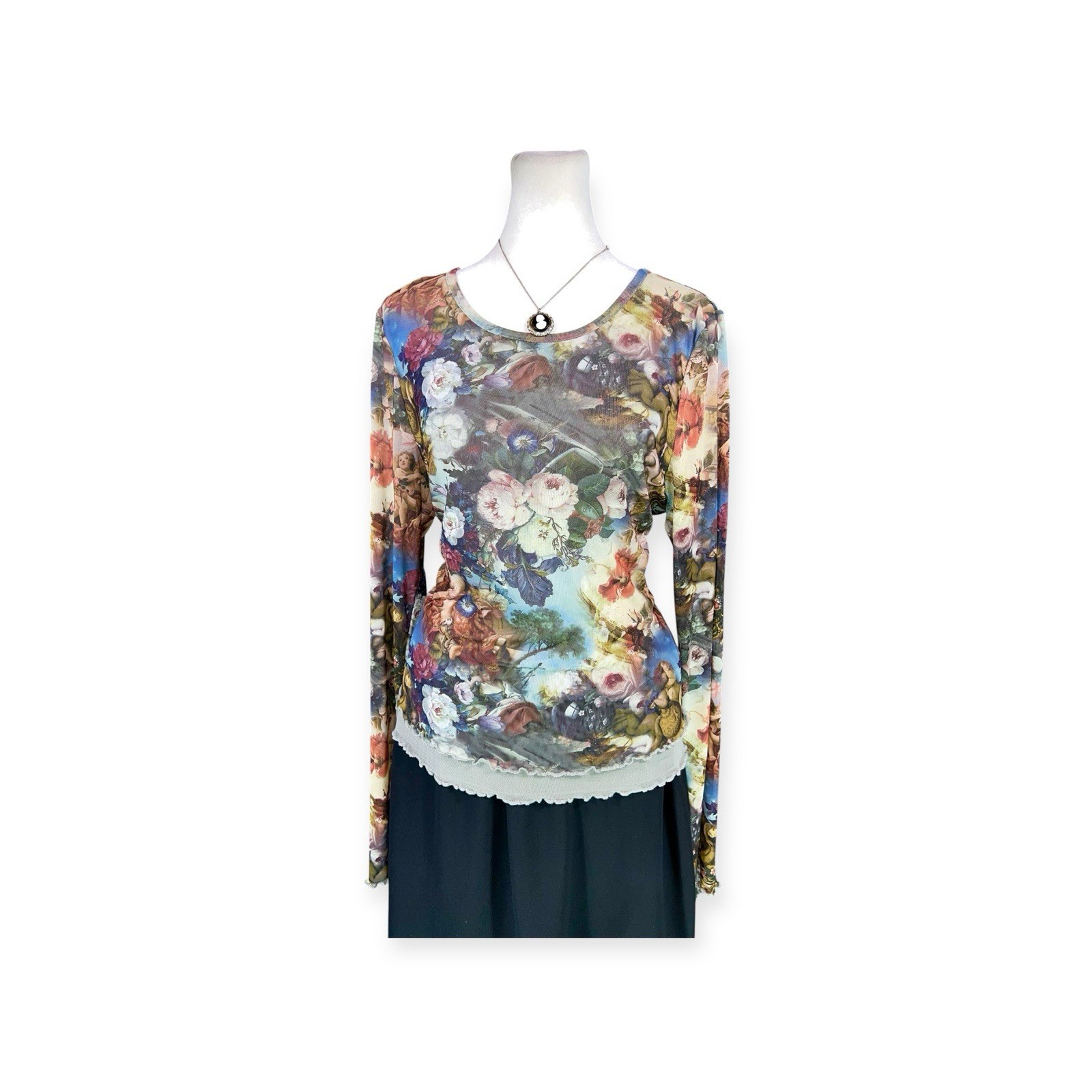 VINTAGE WHIMSICAL CHERUB MESH SHIRT TOP RAVE GOTH RENAISSANCE PAINTING GRUNGE XL