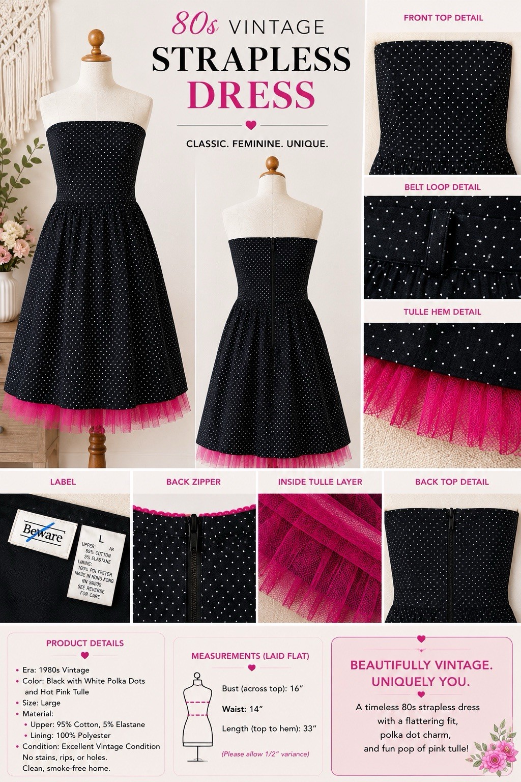Beware 1980s Vintage Strapless Black White Polka Dot Dress Pink Tulle Hem L