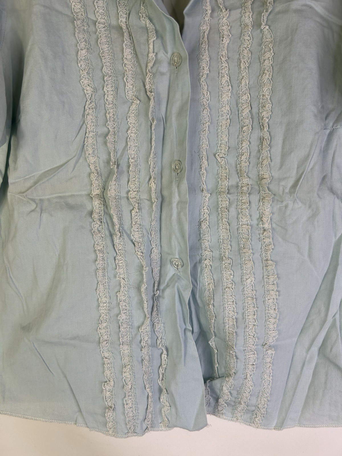 Vintage 50s Button Shirt Top Womens Small Frill Ruffle Lace Cottage Mod