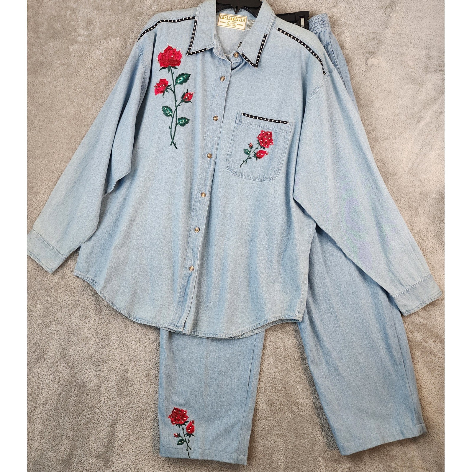 Fortune by Stan 2pc Set Womens XL Blue Rose Embroidered Studded Shirt Pant