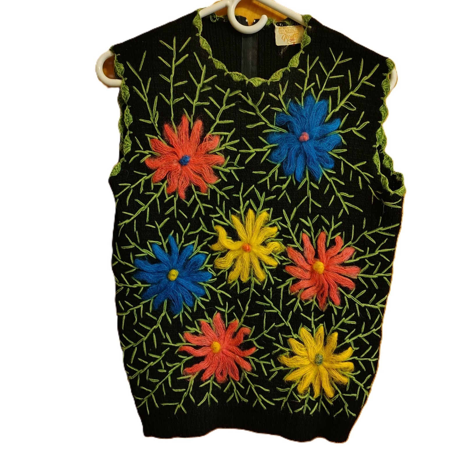 Womens Vintage Glentex Acrylic Fiber Sweater Shell Zip Back Hand Embroidered 38