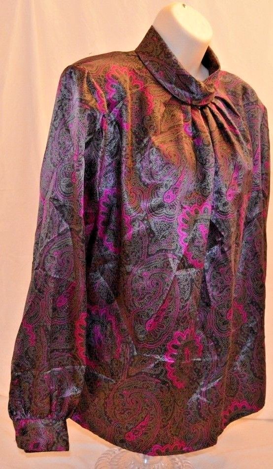 VTG 80’s 90’s Anna Kriste Black Pink Silky Womans Blouse SZ 12 Made in USA EUC