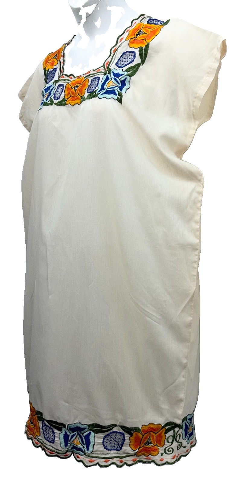Handmade Mexican Dress Size L Pullover Embroidered Floral Neck-Bottom Hem Beige