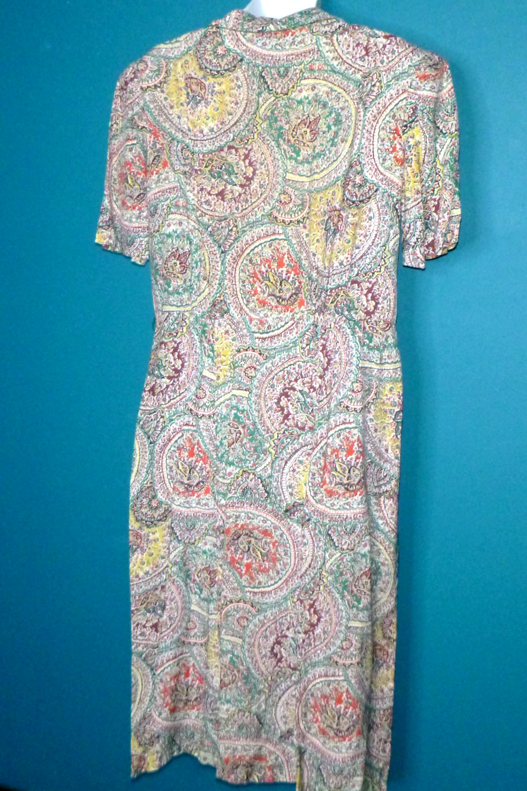 Vtg 40s 50s Georgiana Frocks Rayon Dress Paisley Green Red VOLUP Sz XL