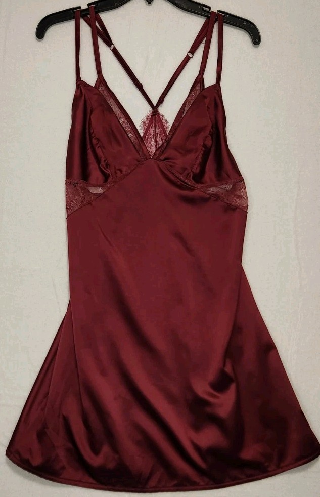 Spaghetti Strap Slip Dress Satin Lingerie Burgundy Maroon Med Coquette Sexy