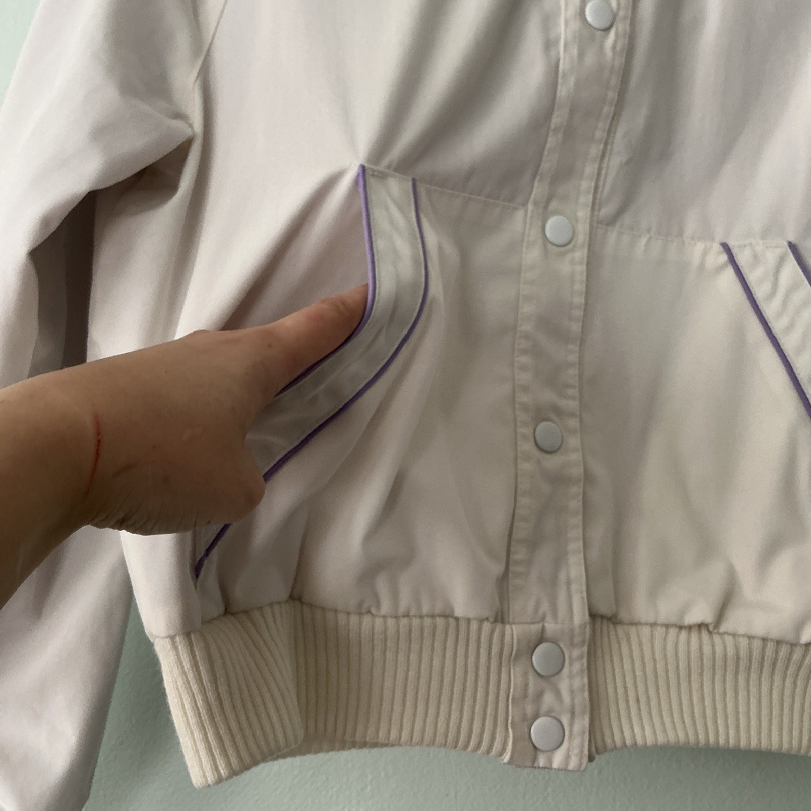 Vintage 80s–90s IZZI Reversible Bomber Jacket Lavender Pinstripe & White Varsity