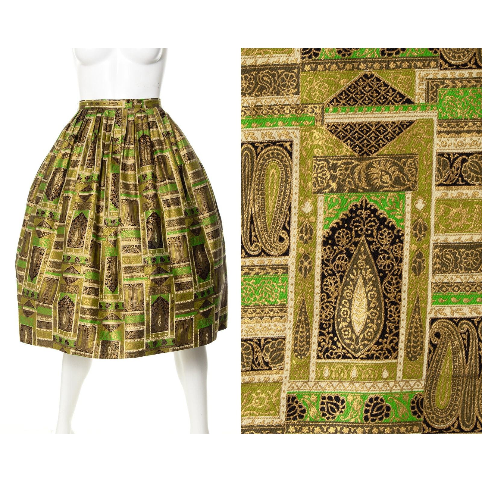 Vintage 1950s Swing Skirt 50s Metallic Gold Cotton Geometric Indian Full Skirt