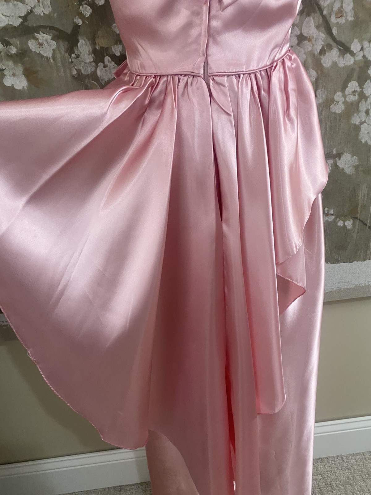 VTG 70’s Pink Satin Union Made Coquette Back Cascade Prom Bridesmaid Dress S