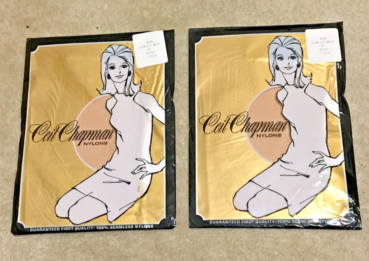 2pr Vtg 1960s Ceil Chapman Reinforced Heel Toe Seamless Mesh Stockings 10 Beige
