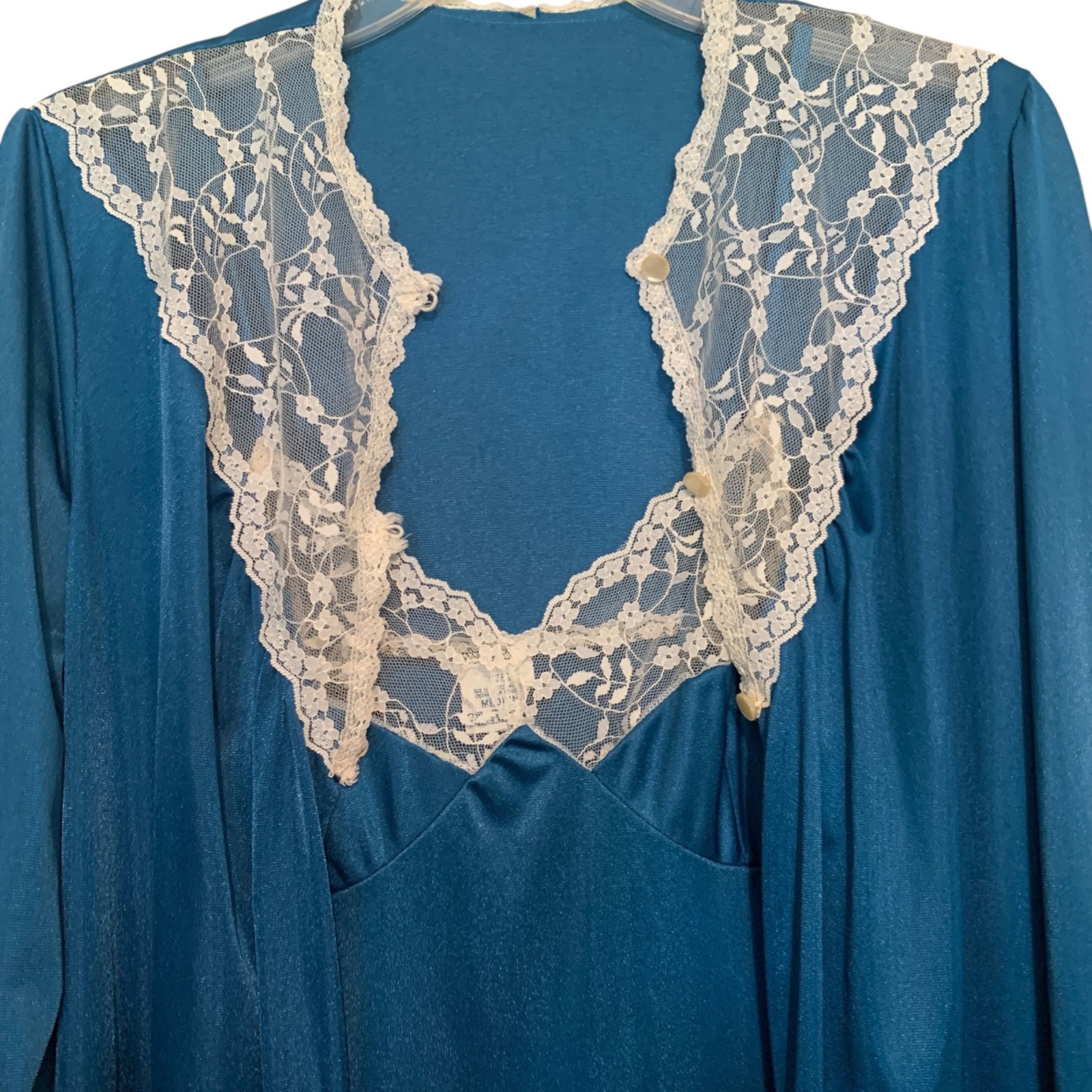 Vintage Stardust Long Teal Nightgown & Robe Set Lace Trim Modest 100% Nylon Sz M