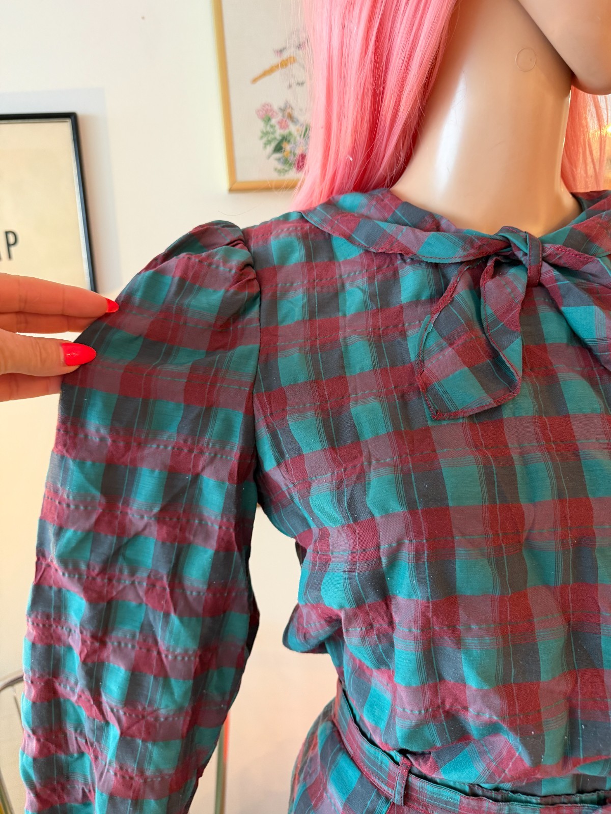 🎀 Vtg 70s Asian Export Plaid Cotton Batwing Pussy Bow Top Skirt Buckle Dress M