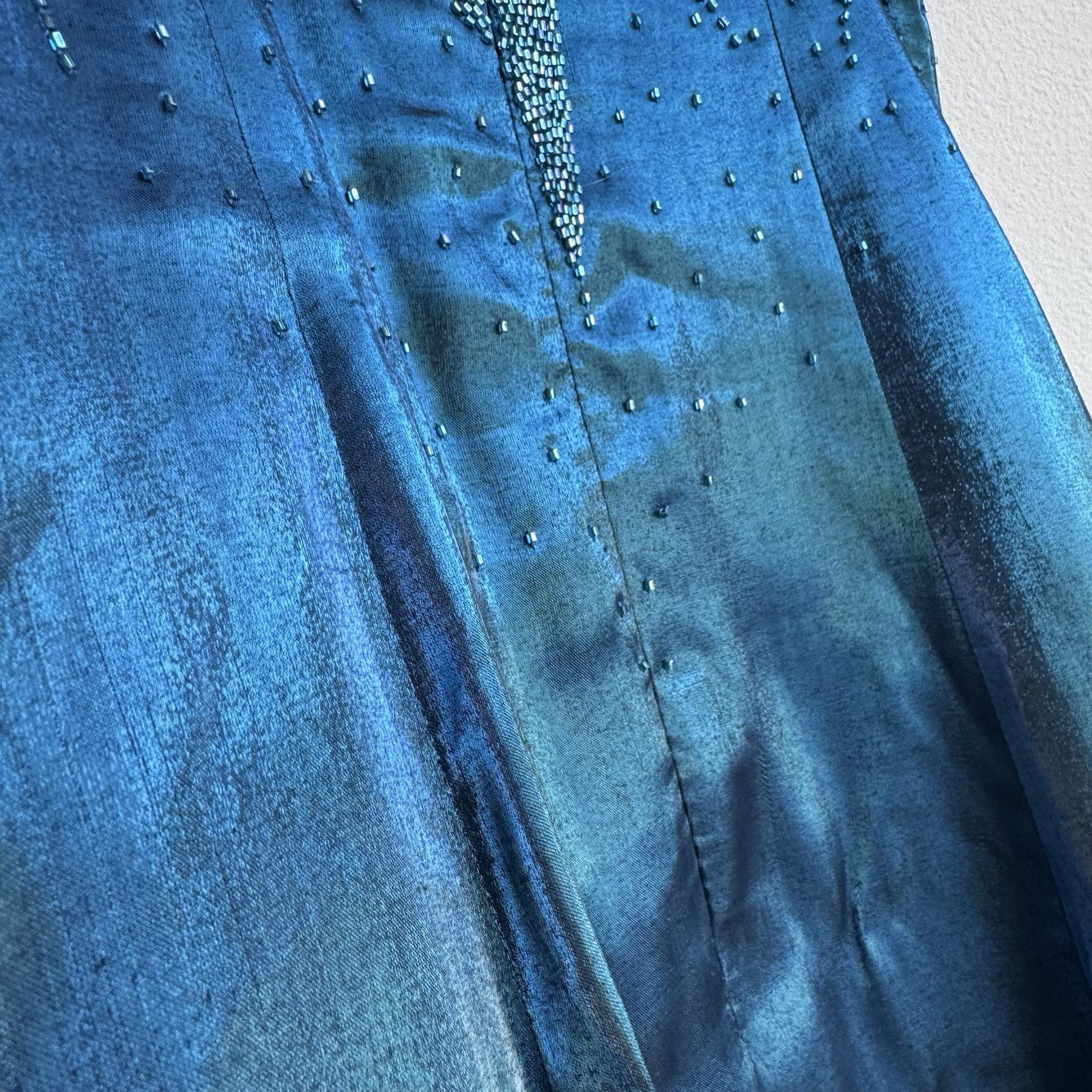 Vintage Turquoise Blue Beaded Iridescent Maxi Cocktail Formal Party Dress S / M