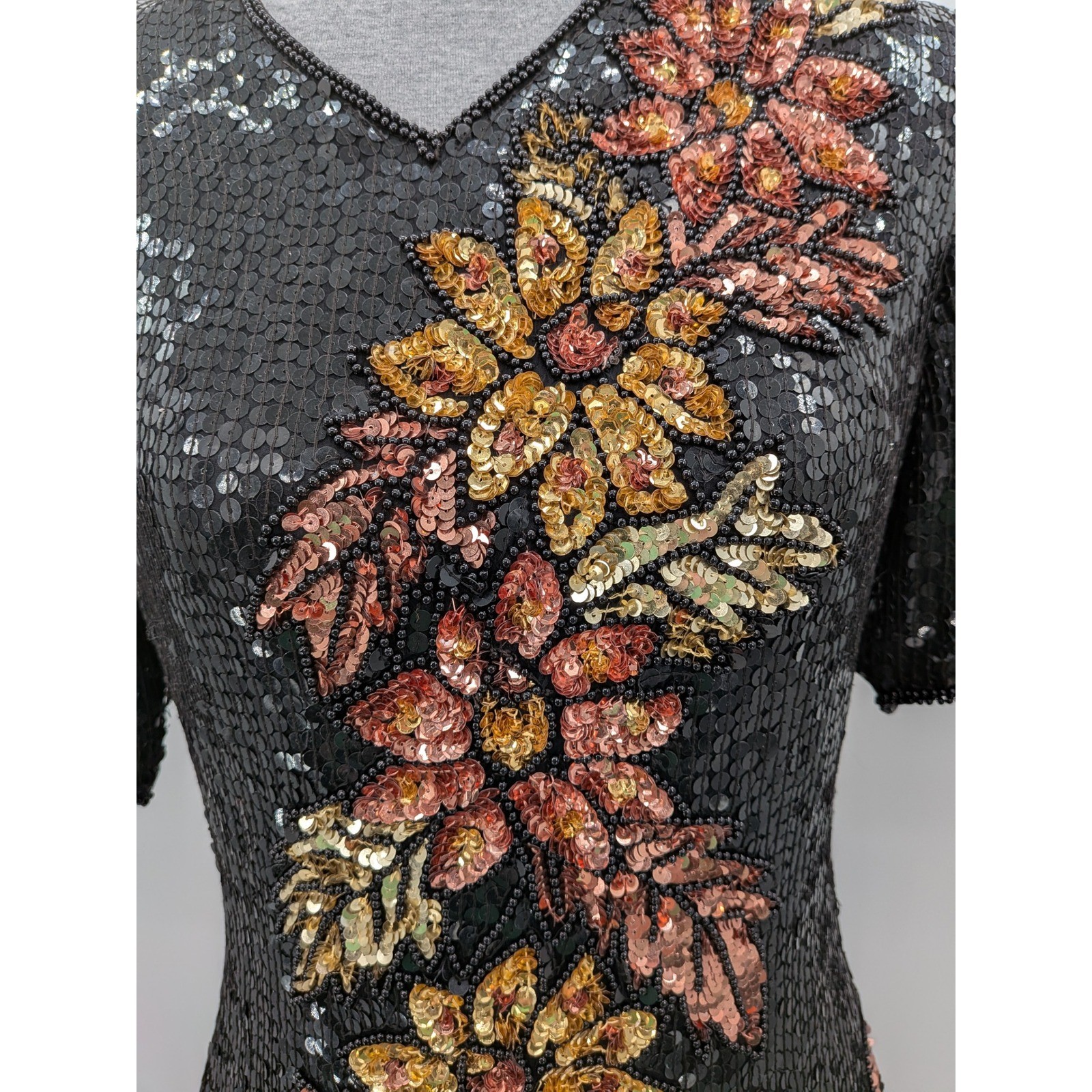 Glam Wedding Party Vintage Stemay Black Gold Sequin Floral Silk V-Neck S Top