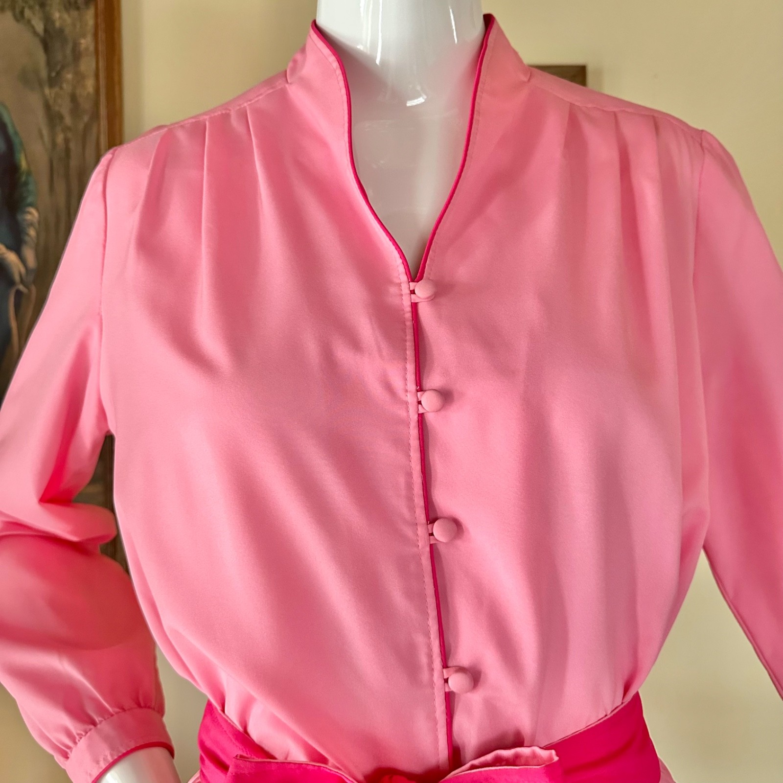 Vintage 1970s Bubblegum Pink Color Block Secretary Day Dress SATC Disco L