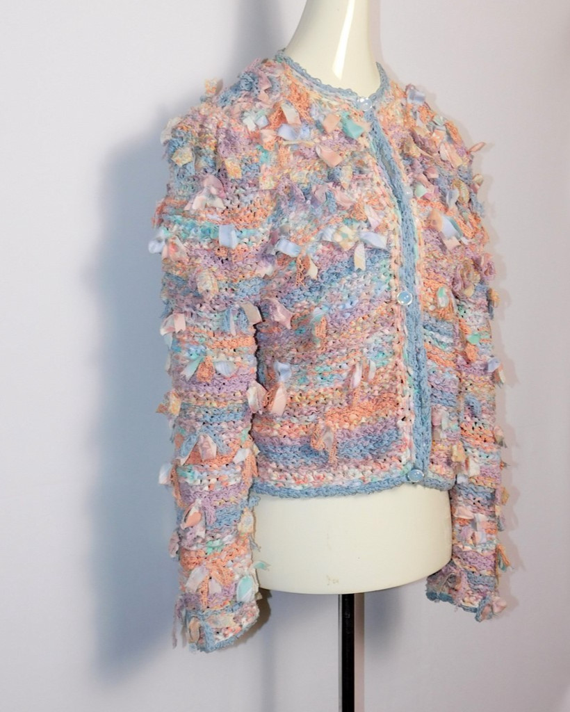 Vintage Women’s 1990s Estelle Gracer Pastel Ribbon-Knit Cardigan Sweater