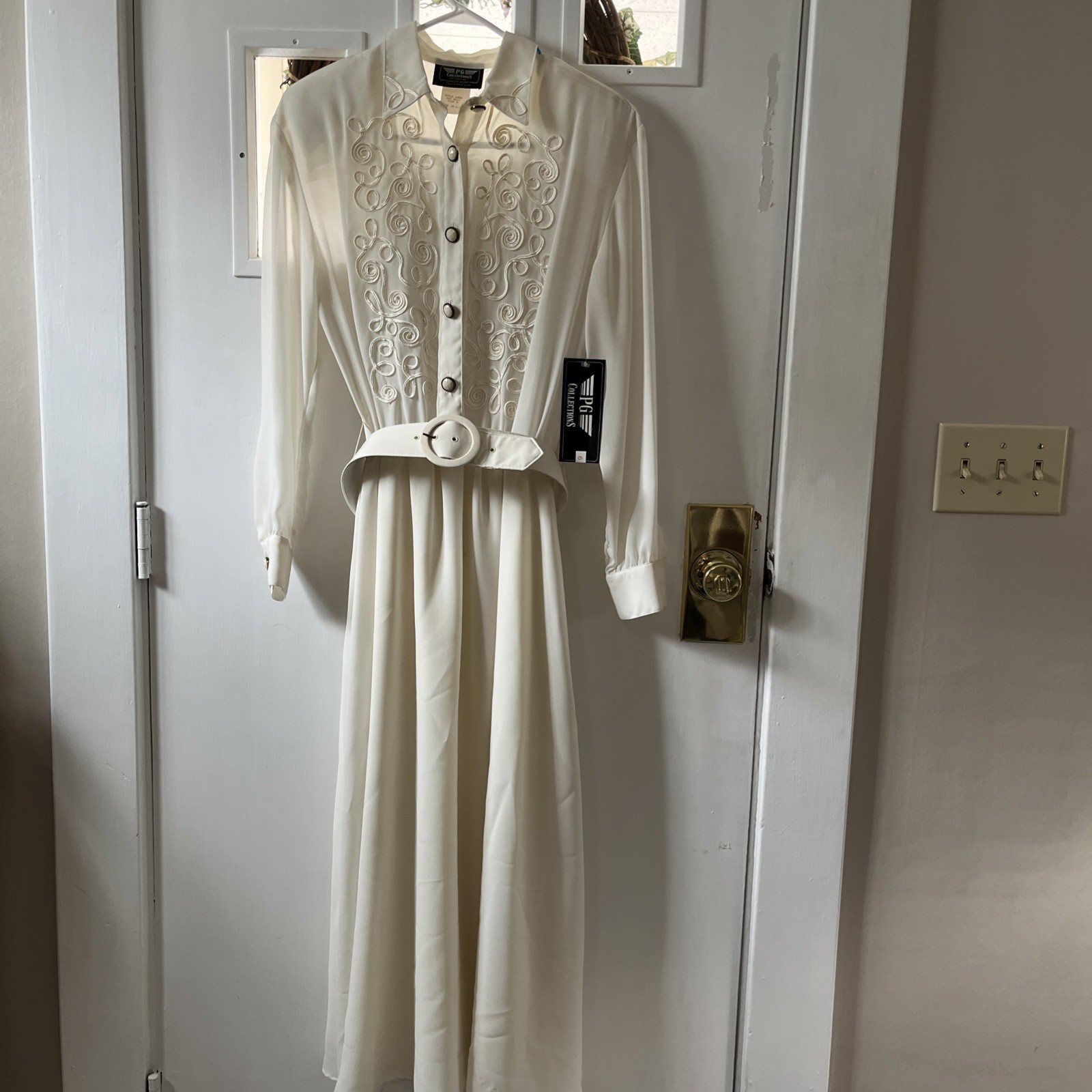 VTG 90’s PG COLLECTIONS Cream Chiffon Midi Dress – Sheer Belted USA SZ 6 NWT