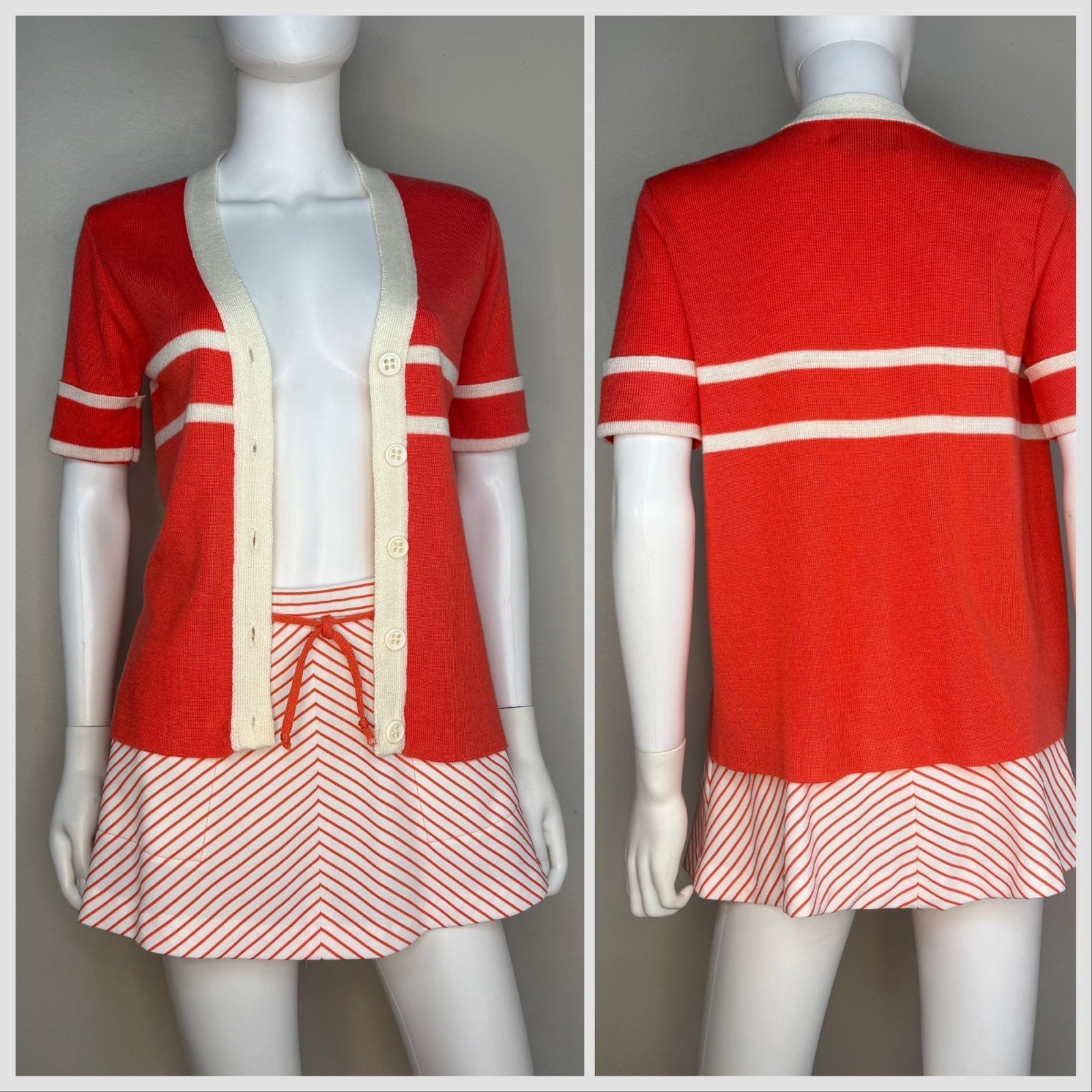 Vintage 1970s Coral Tennis Mini Skirt Cardigan Sweater Set Stripe Top Seed 70s