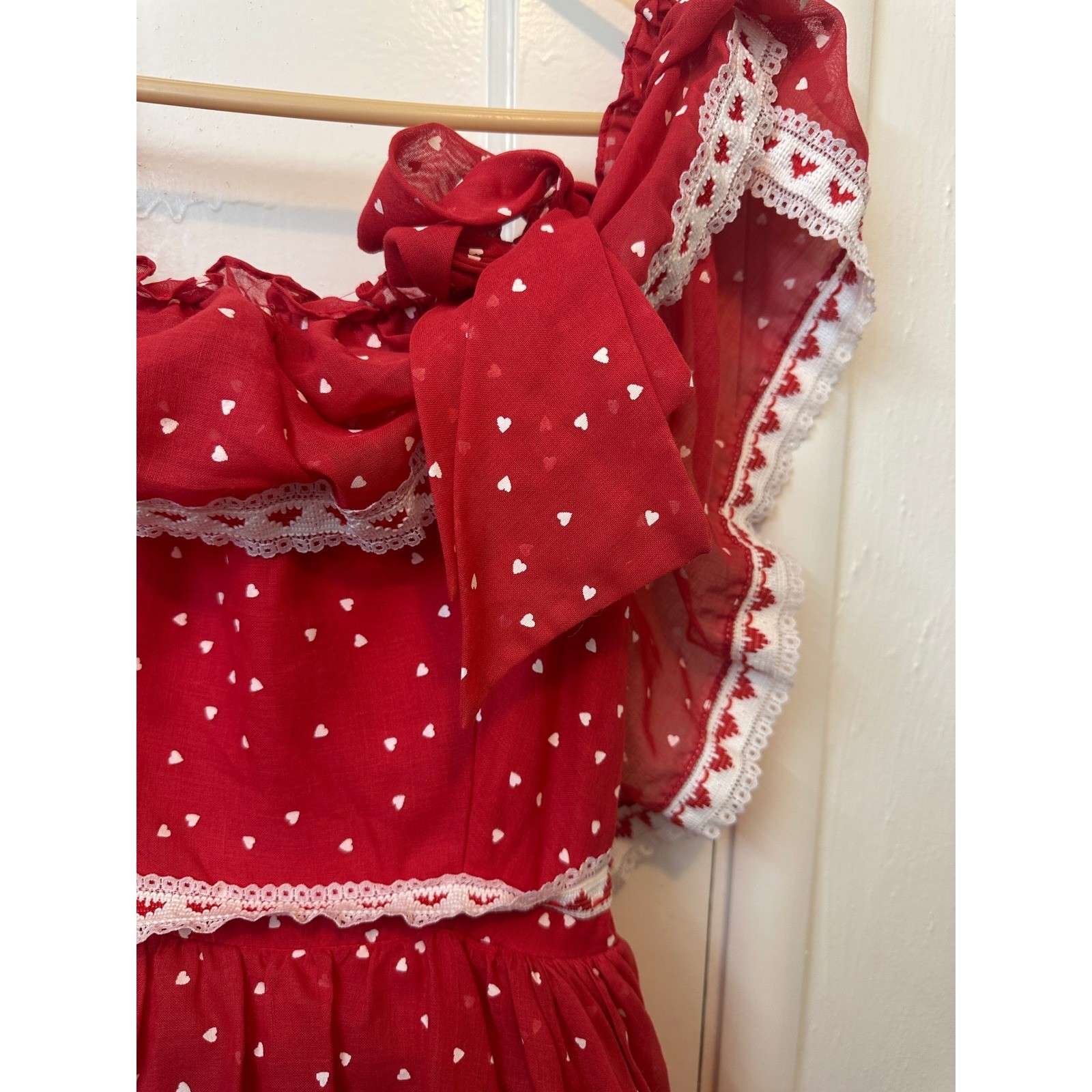 Flirtations VTG Red Heart Print Tiered Maxi Dress Lace Trim Ruffle 7/8 Red White