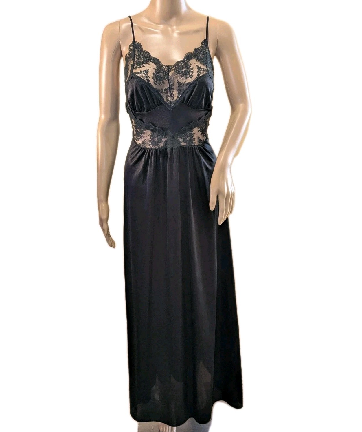 Vtg Rikki New York Silky Black Nylon Lace Maxi Gown Slip Neglige’ Sz M