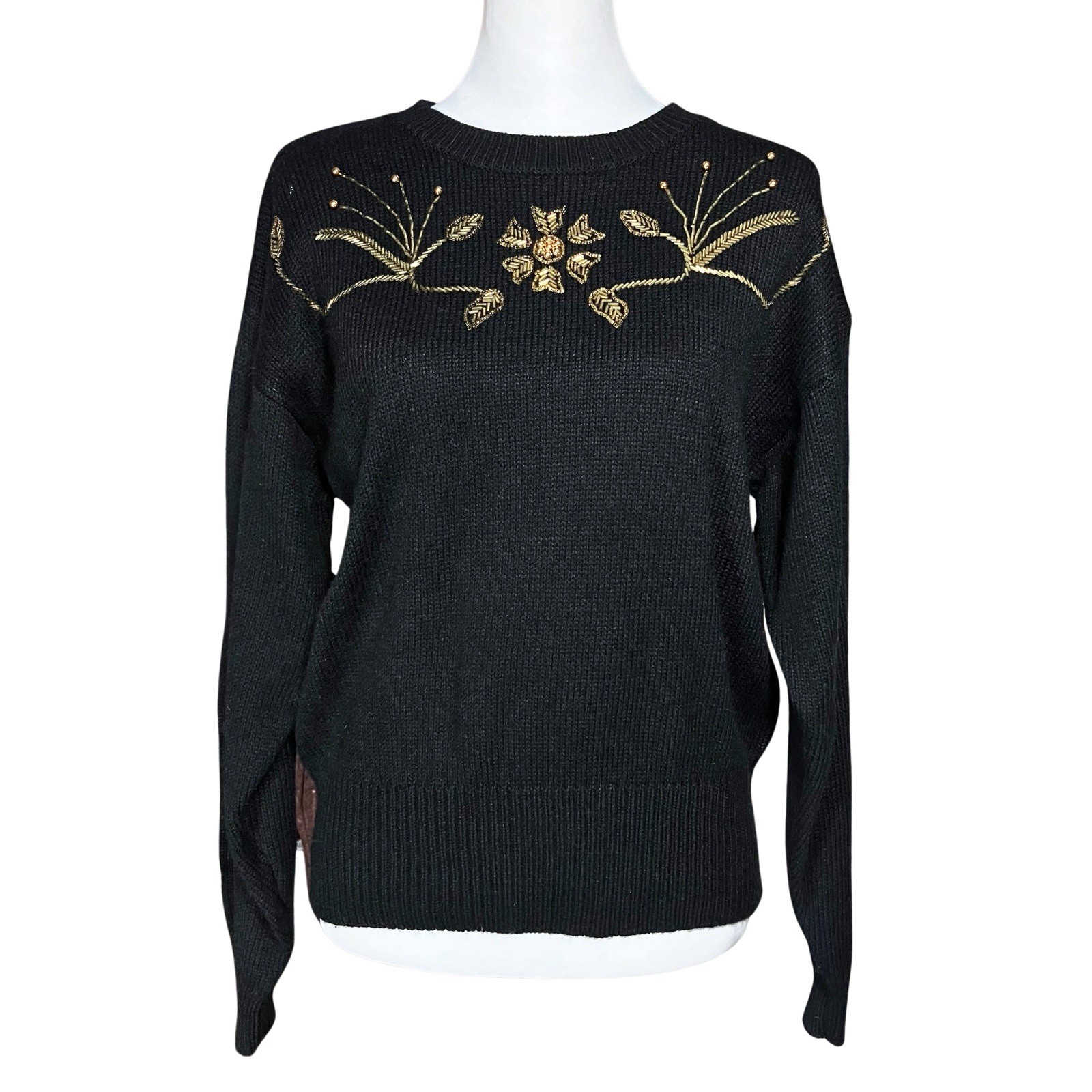 Vintage 90s Black Russ Sweater with Gold Floral Beading. S/M. Retro, Maximalism