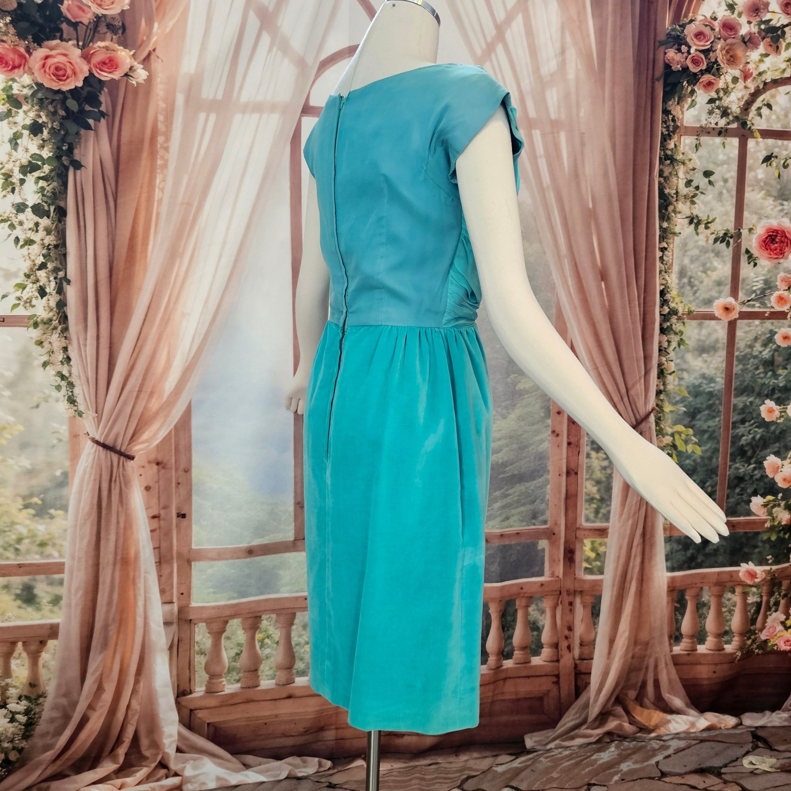 Vintage 1950s Dress Jay Herbert California Teal Ruched Draped Cocktail Formal